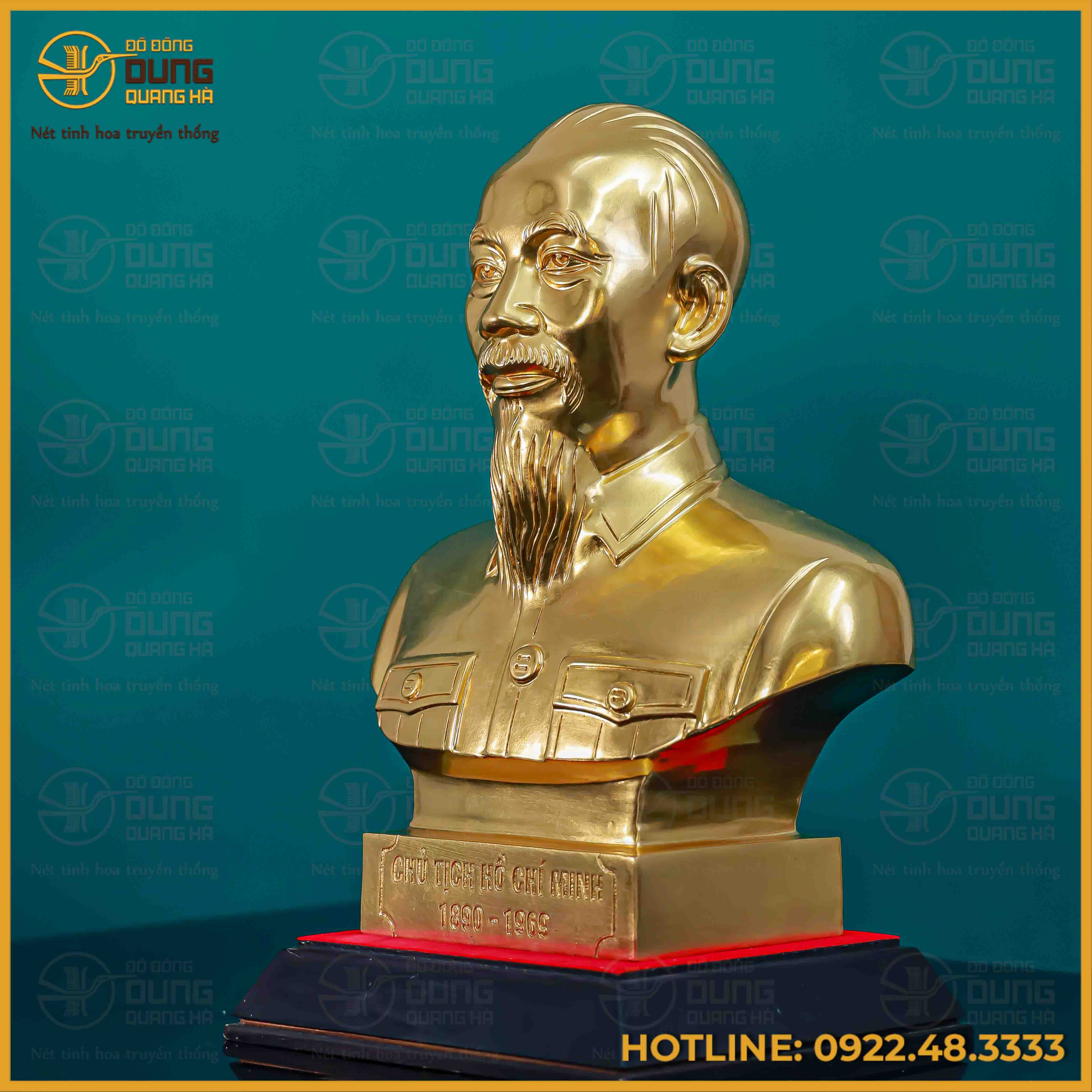 Tượng Bác Hồ bán thân đồng đỏ dát vàng kích thước 34x24cm