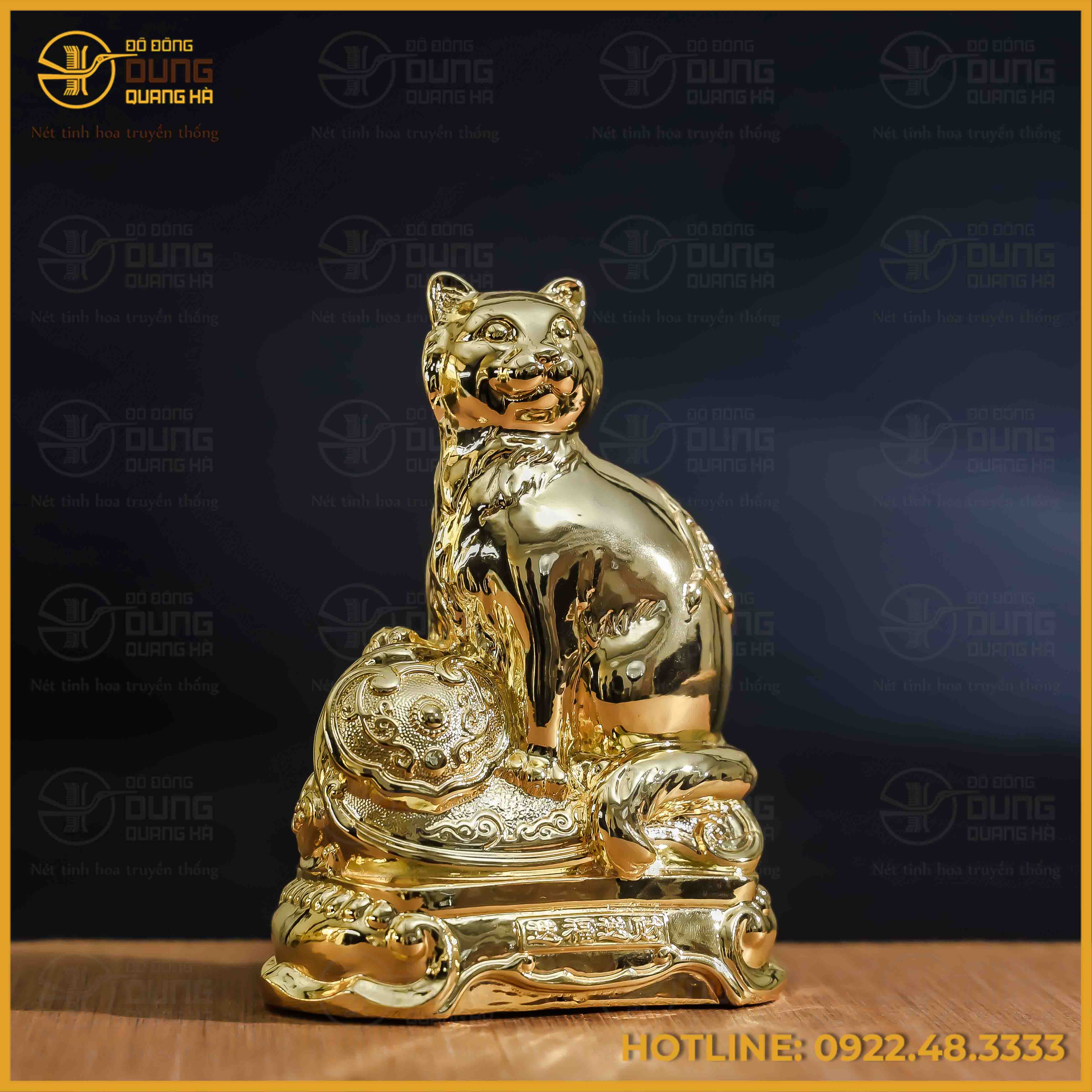 Tượng mèo như ý  đồng vàng mạ vàng kích thước 17x13cm nặng 1kg