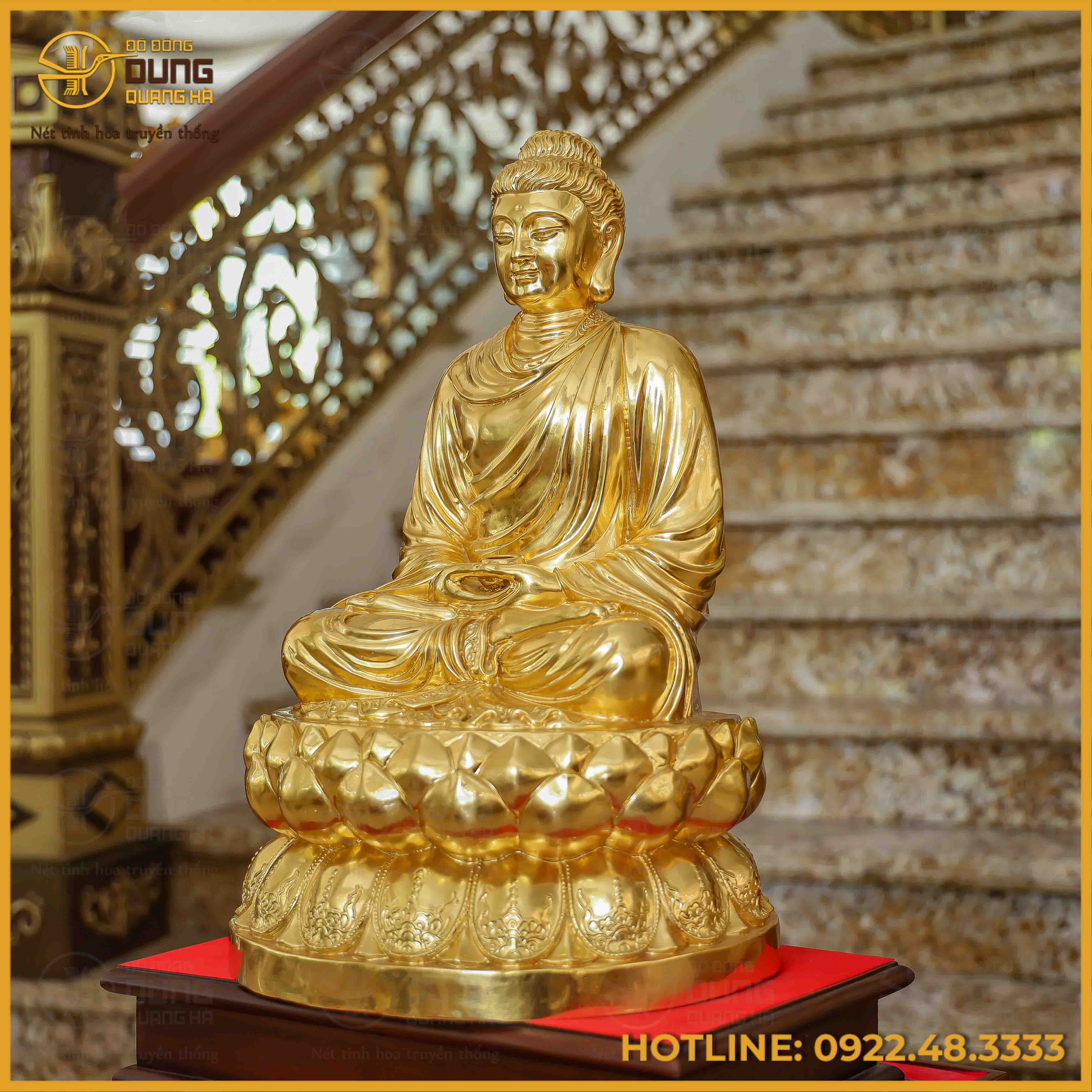 Tượng Phật Thích Ca đồng đỏ dát vàng cao 40cm