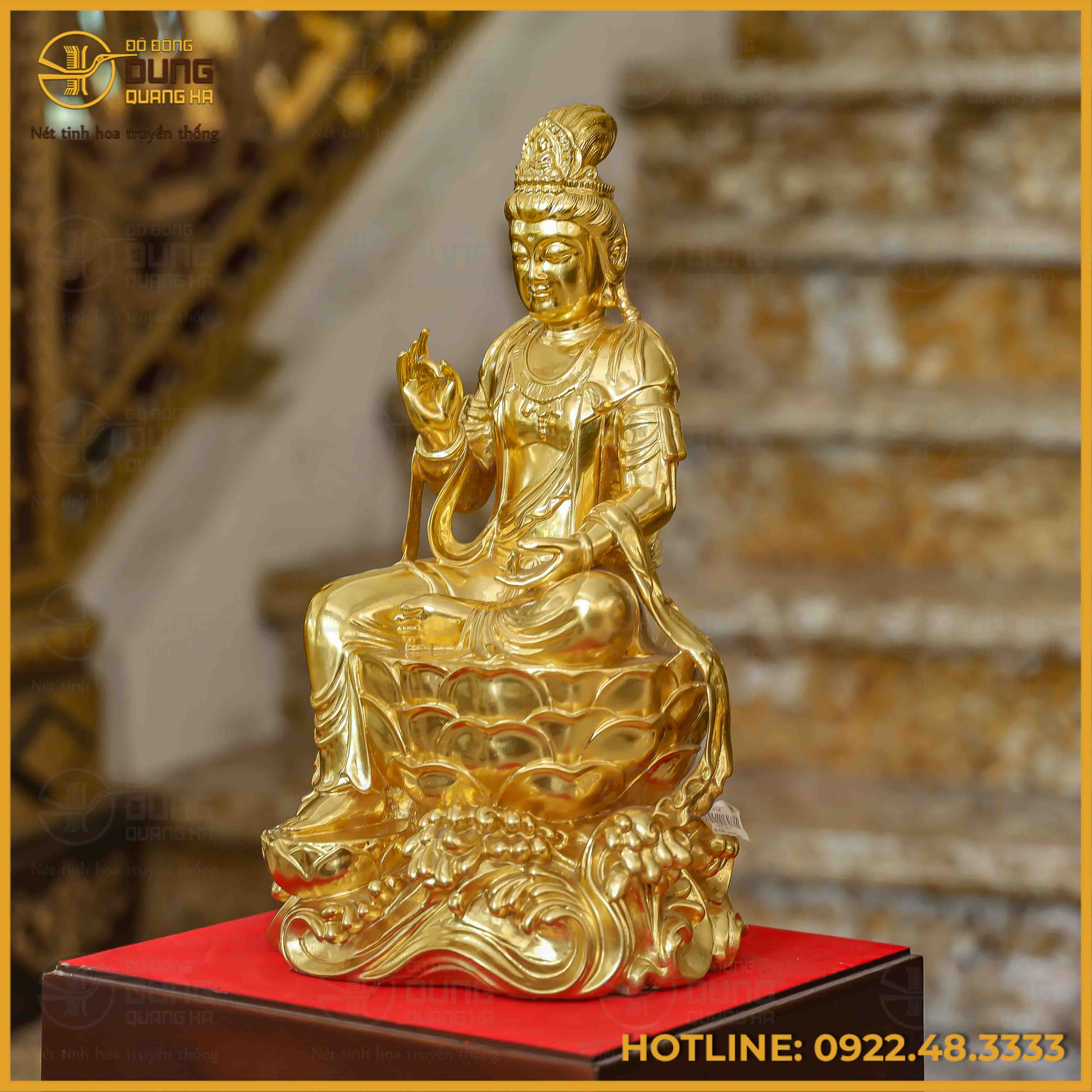 Tượng Quan Âm tự tại đồng đỏ dát vàng cao 38cm