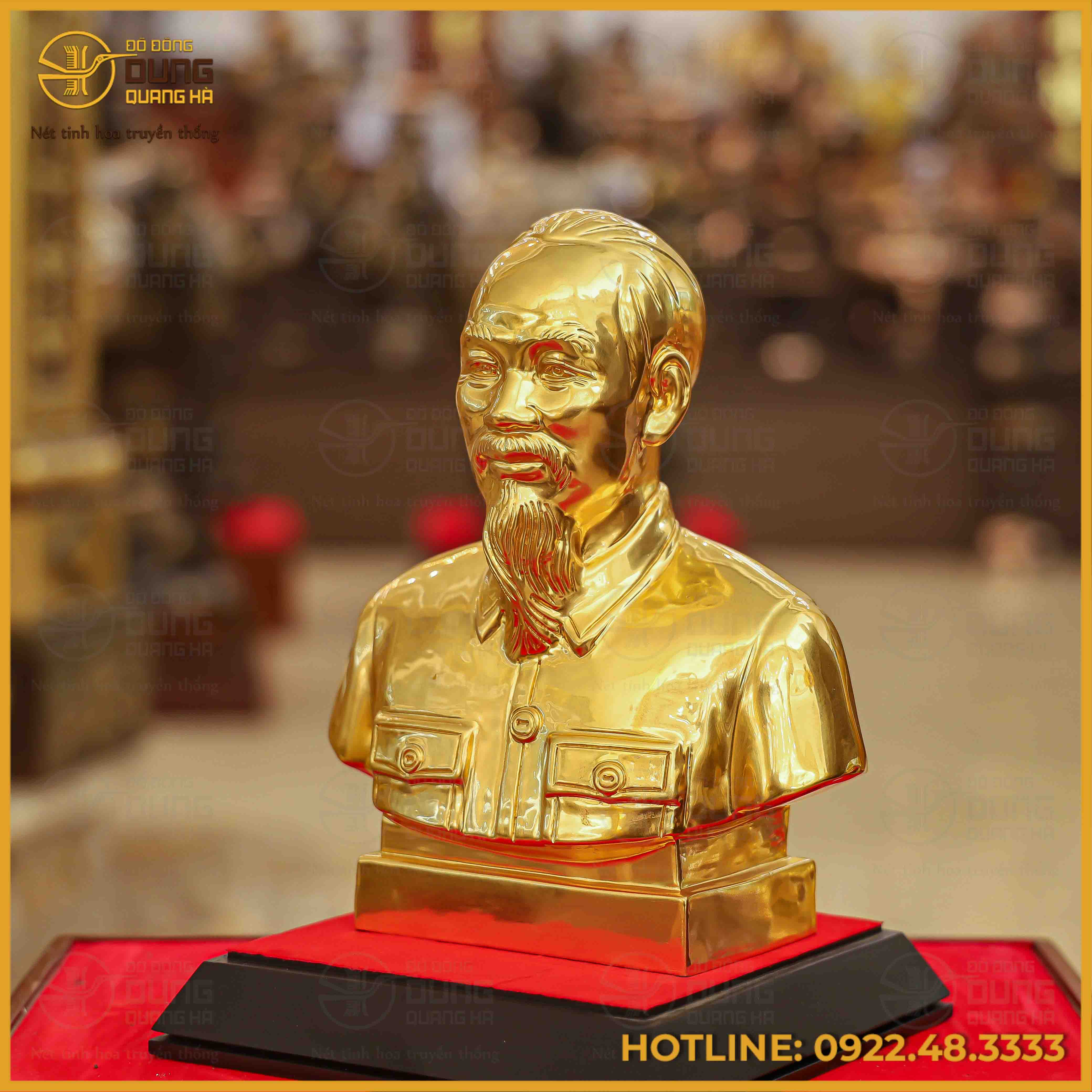 Tượng bán thân Bác Hồ đồng đỏ dát vàng cao 25cm