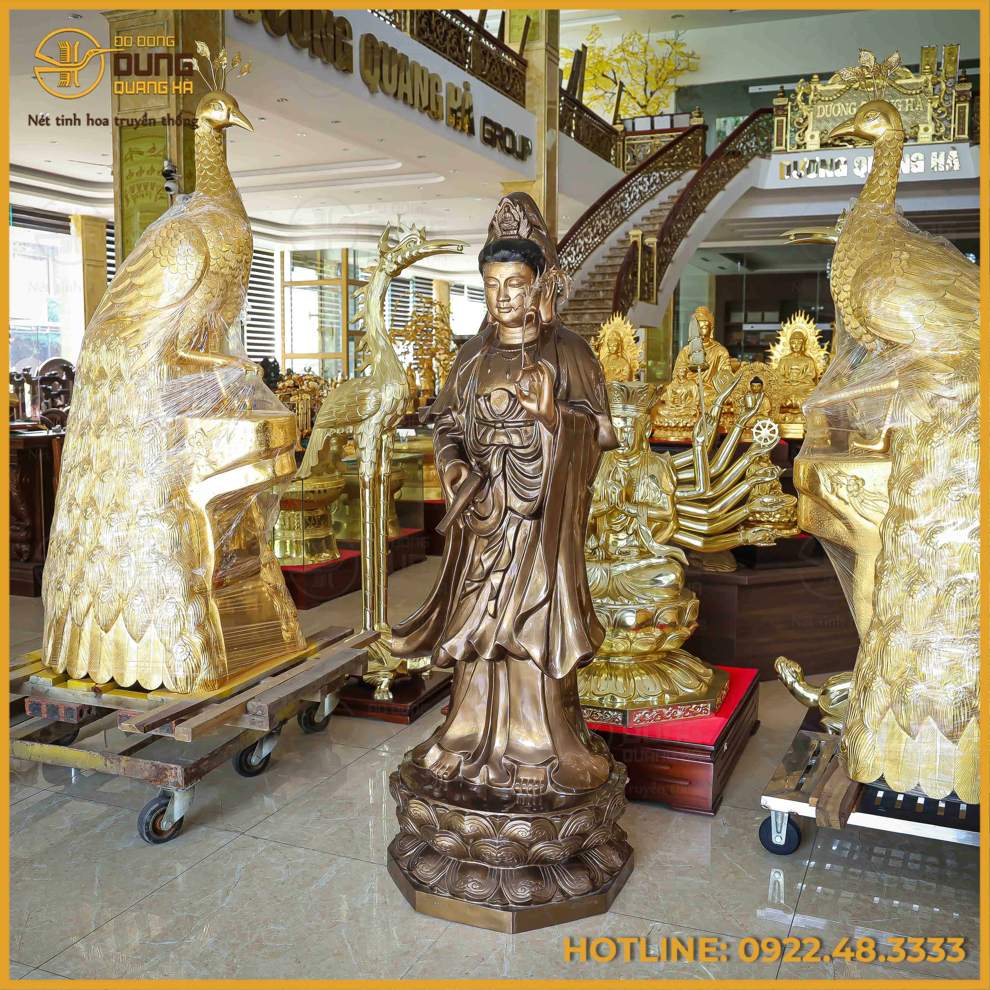 Tượng Phật Bà Quan Âm đồng đỏ làm màu cổ kính cao 1m8
