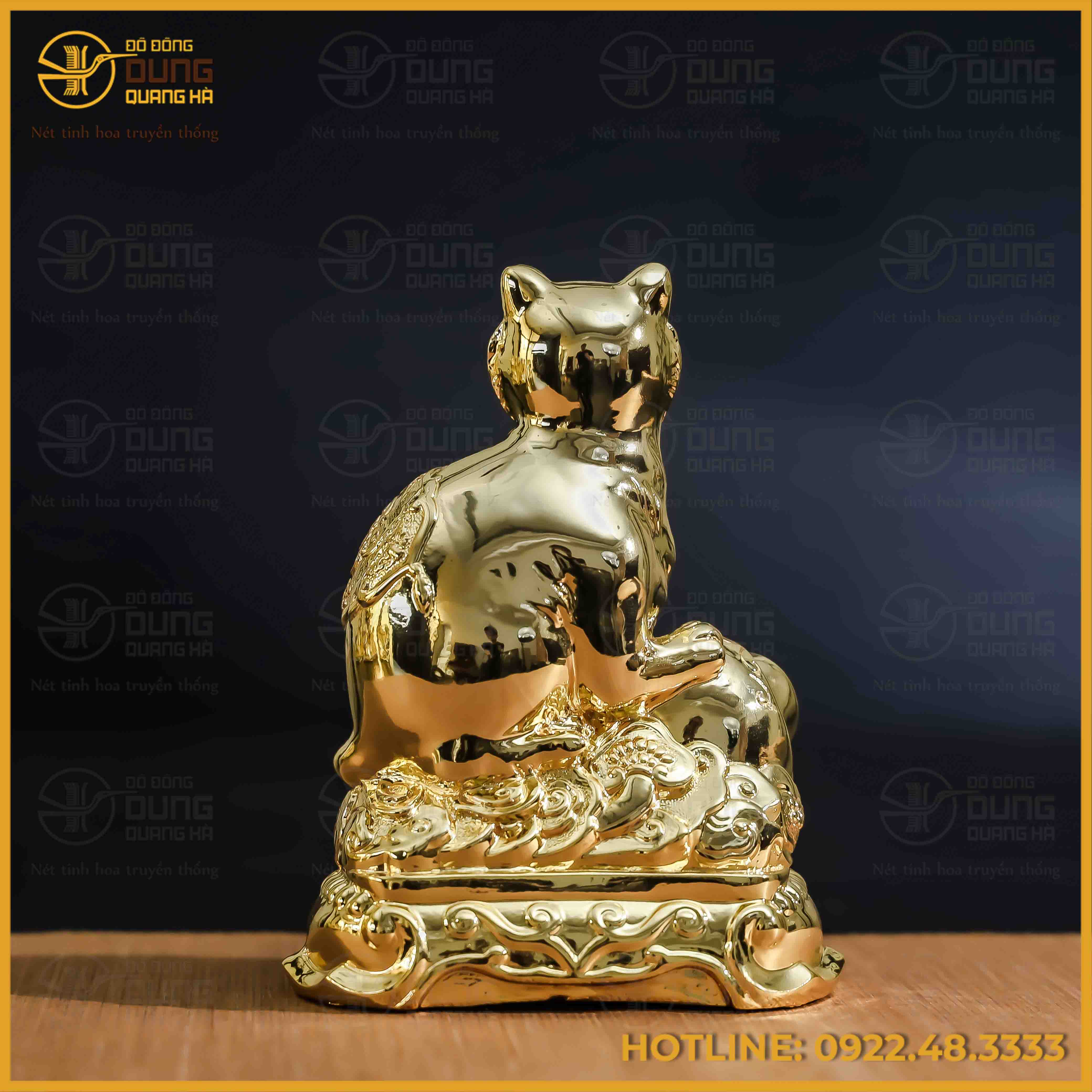 Tượng mèo như ý  đồng vàng mạ vàng kích thước 17x13cm nặng 1kg