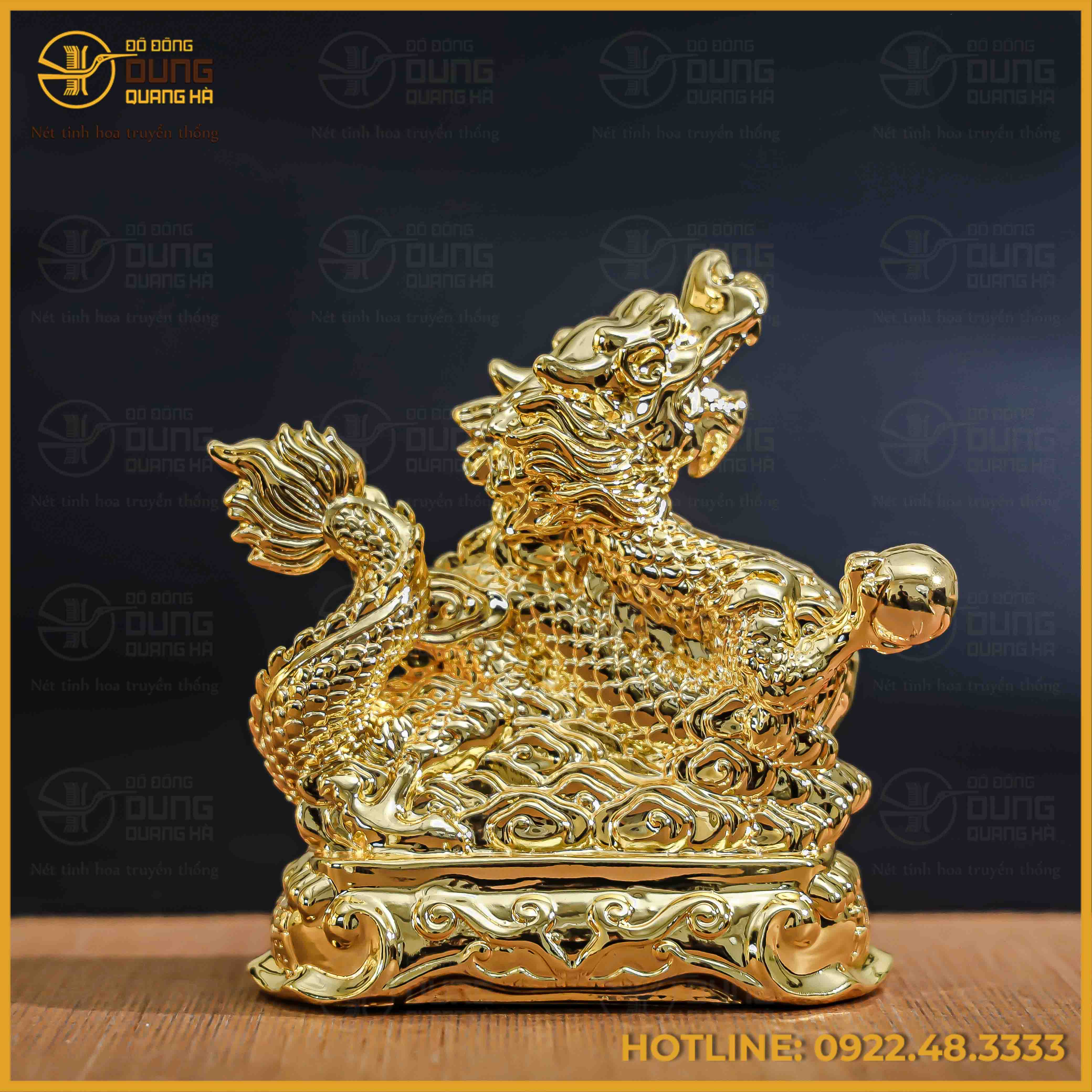 Tượng rồng đồng vàng mạ vàng kích thước 18x13cm nặng 1kg