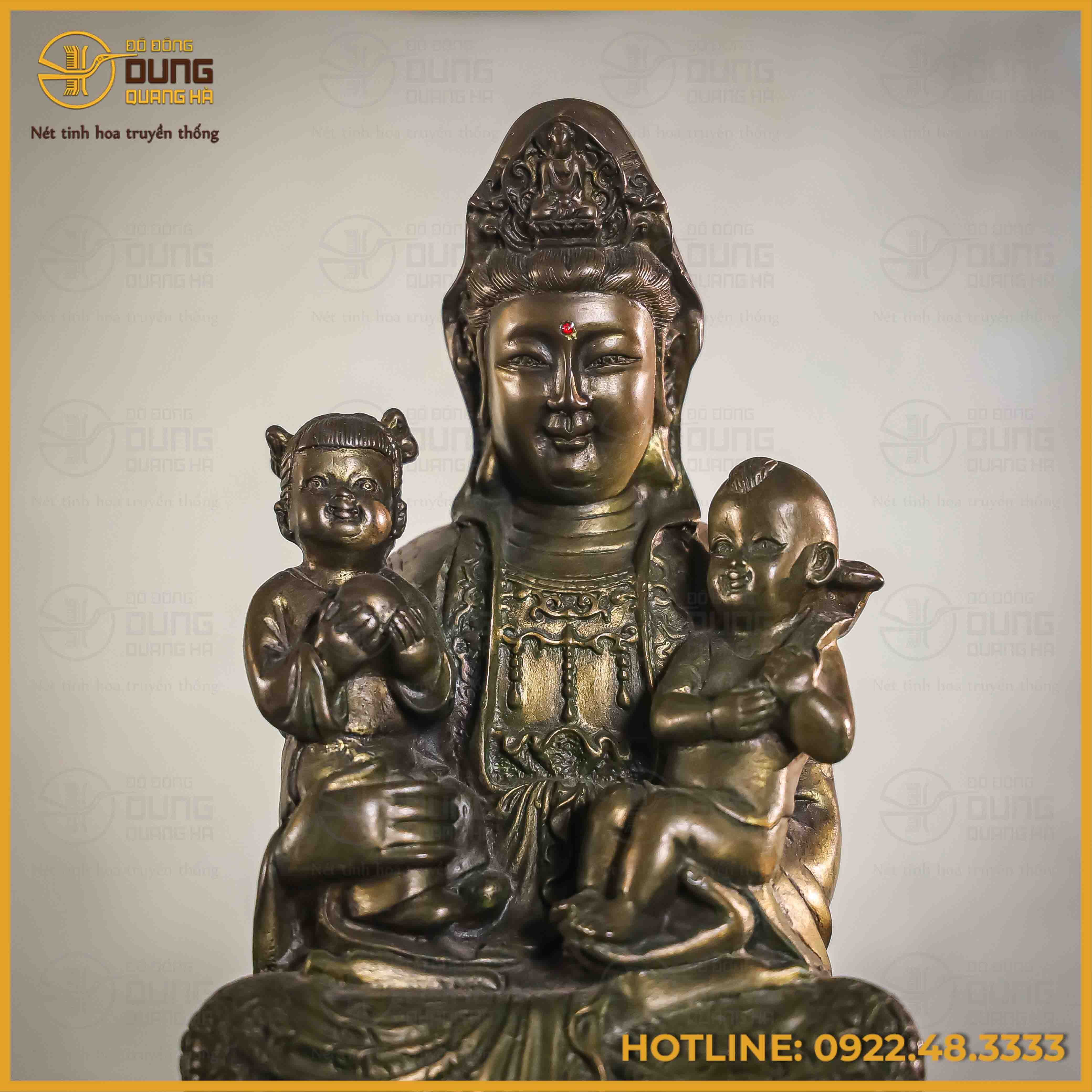 Tượng Quan Âm Tế Tử đồng vàng cao 27,5cm ngang 15,5cm