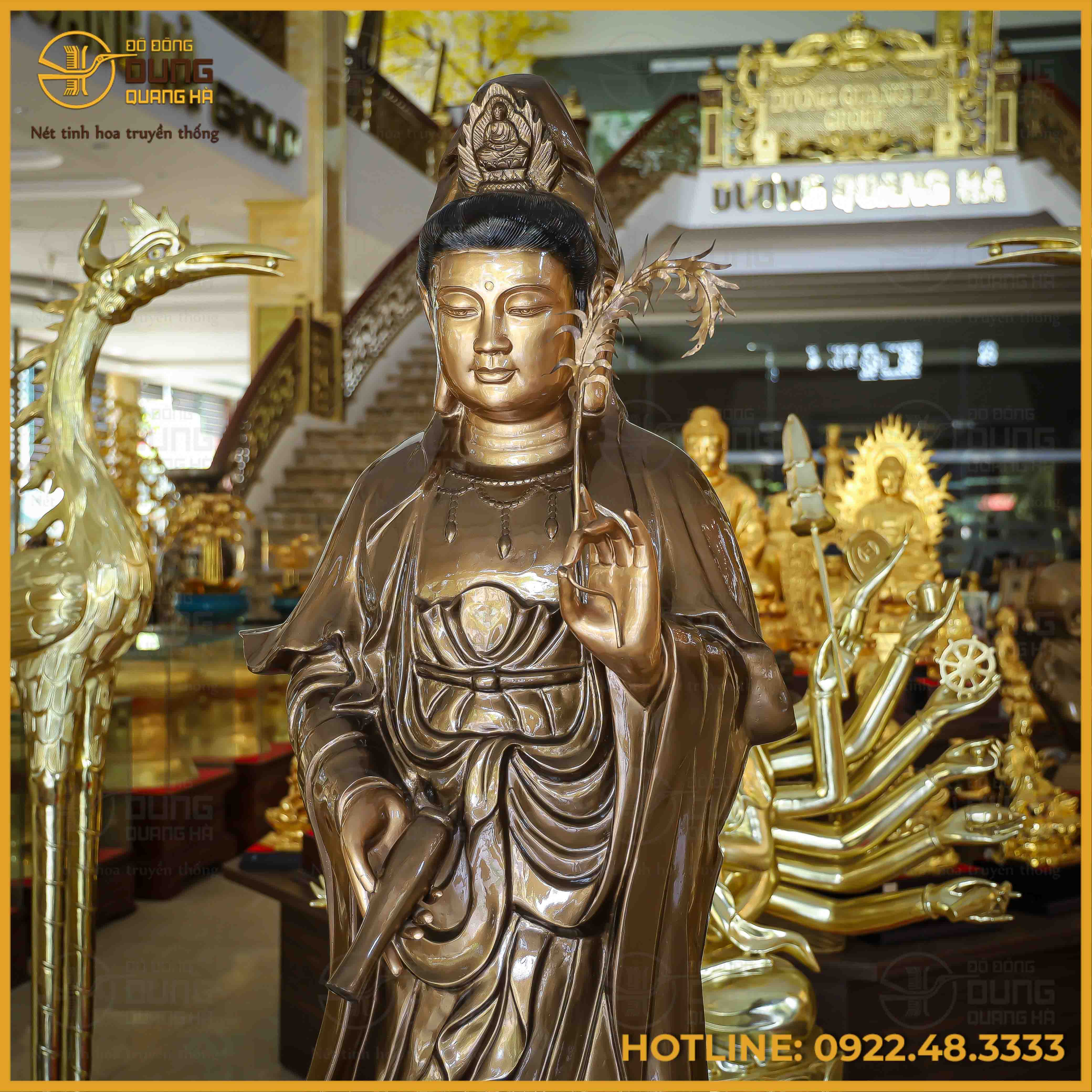 Tượng Phật Bà Quan Âm đồng đỏ làm màu cổ kính cao 1m8