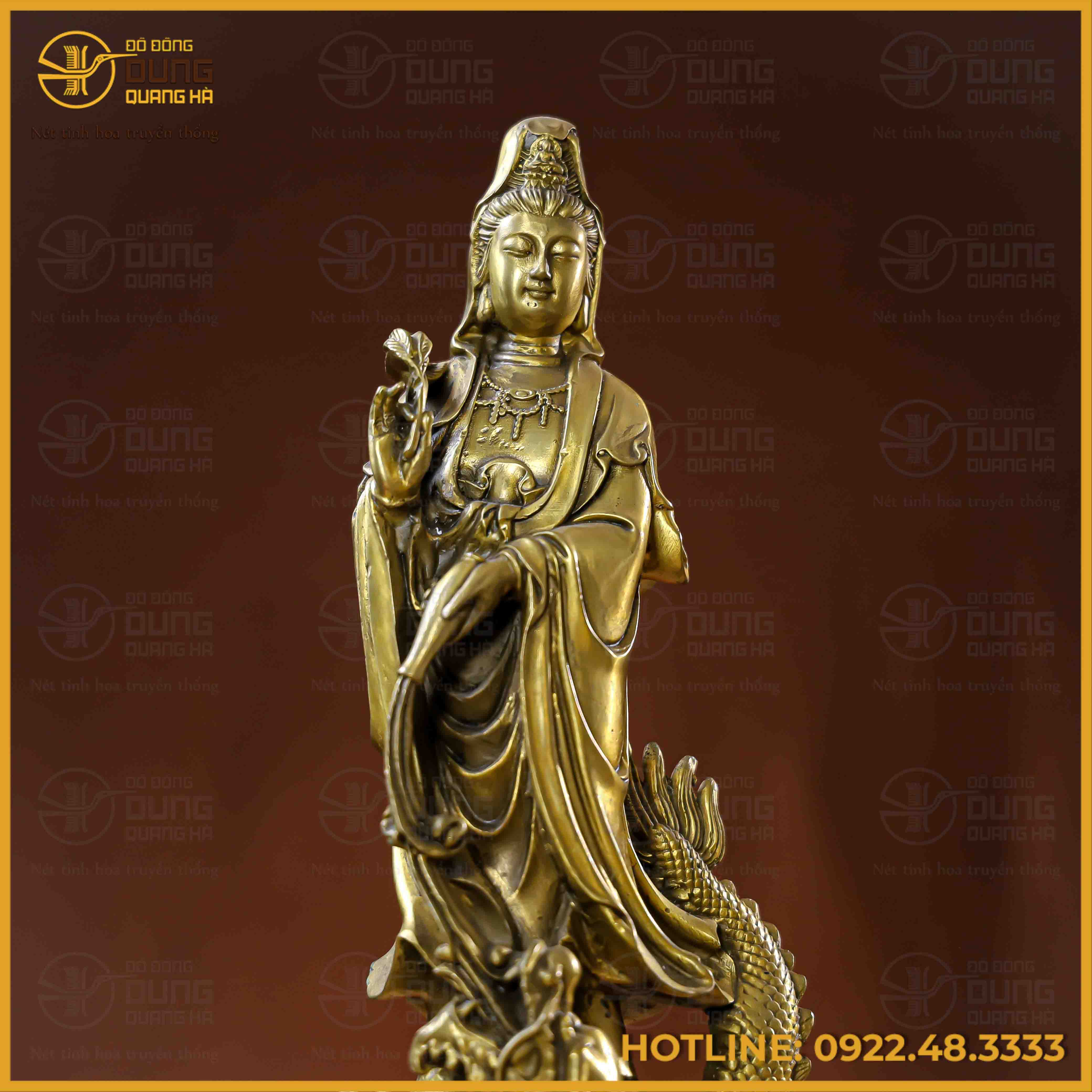 Tượng Phật Quán Thế Âm cưỡi rồng đồng vàng cao 30cm ngang 11cm nặng 1,8kg