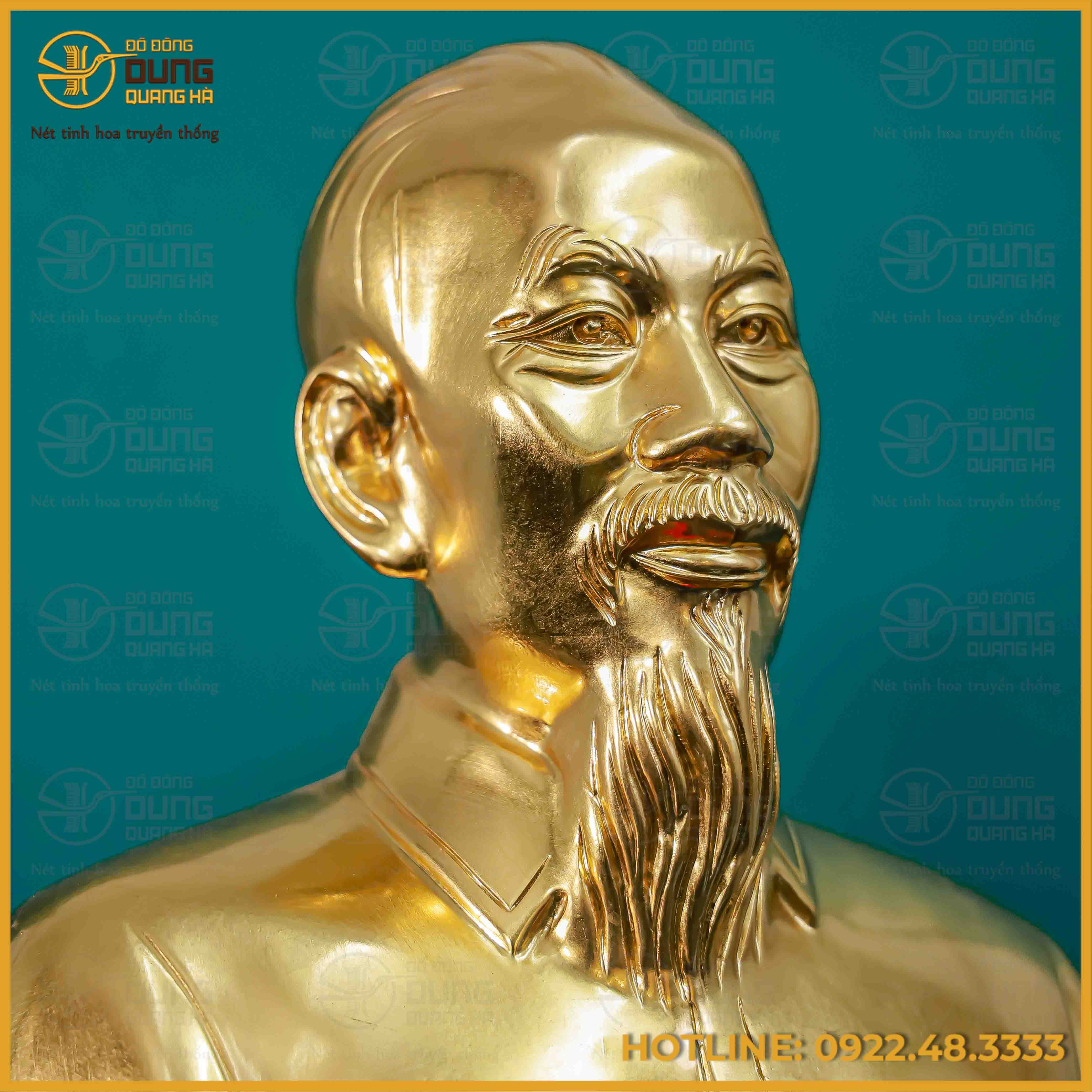 Tượng Bác Hồ bán thân đồng đỏ dát vàng kích thước 34x24cm