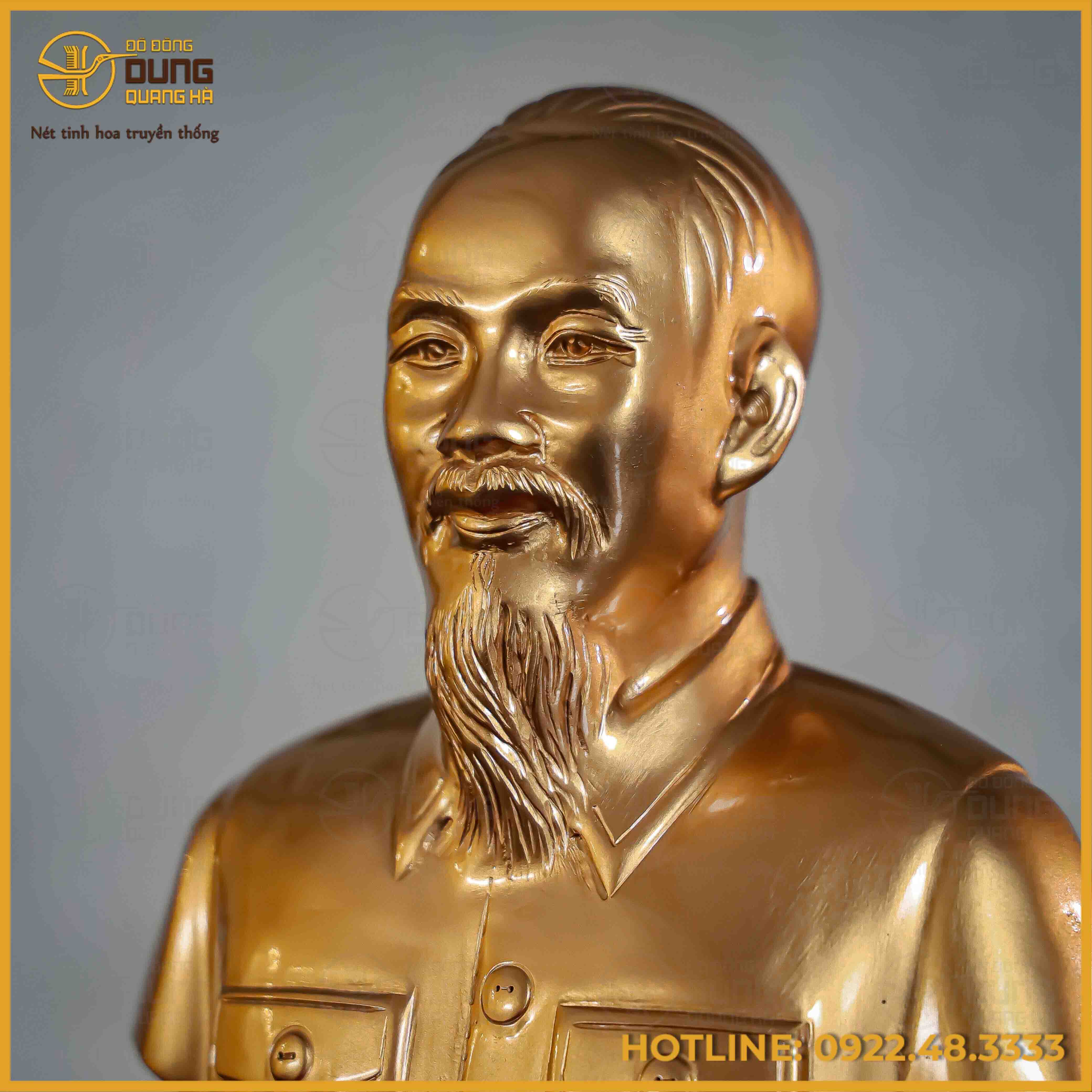 Tượng Bác Hồ bán thân đồng đỏ màu nhũ cao 25cm ngang 20cm