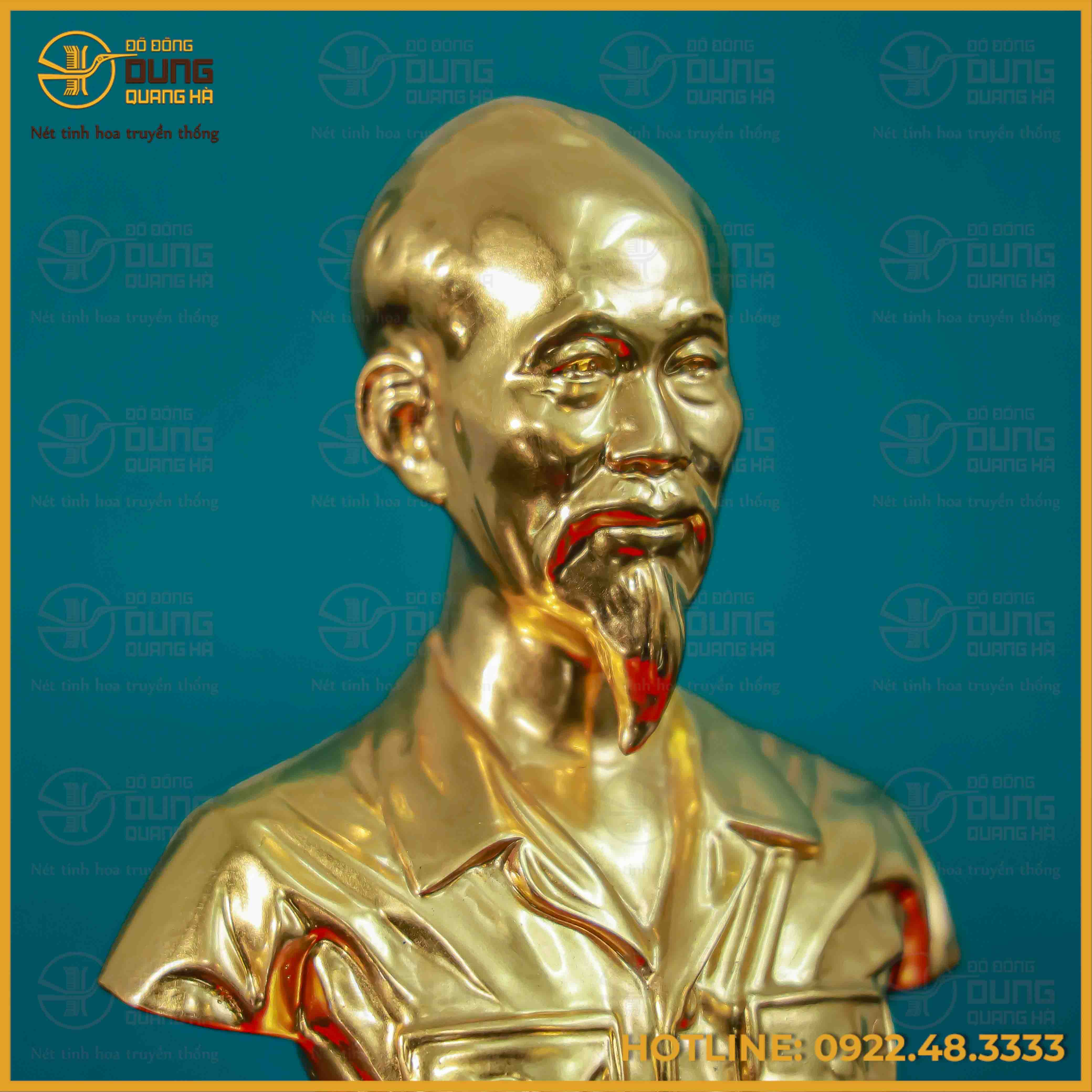 Tượng Bác Hồ bán thân đồng vàng dát vàng cao 17cm