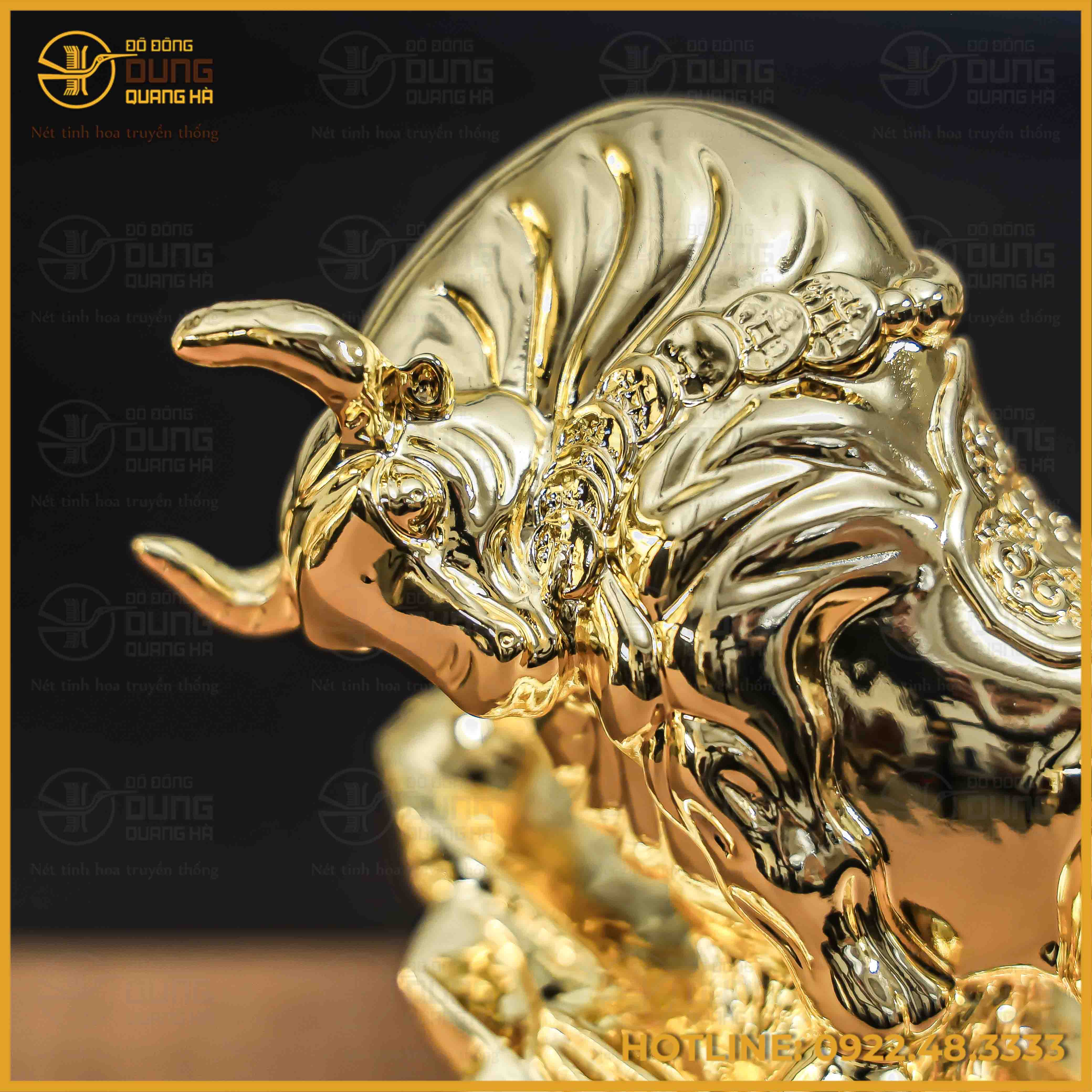 Tượng trâu đồng vàng mạ vàng kích thước 16x13cm nặng 1kg