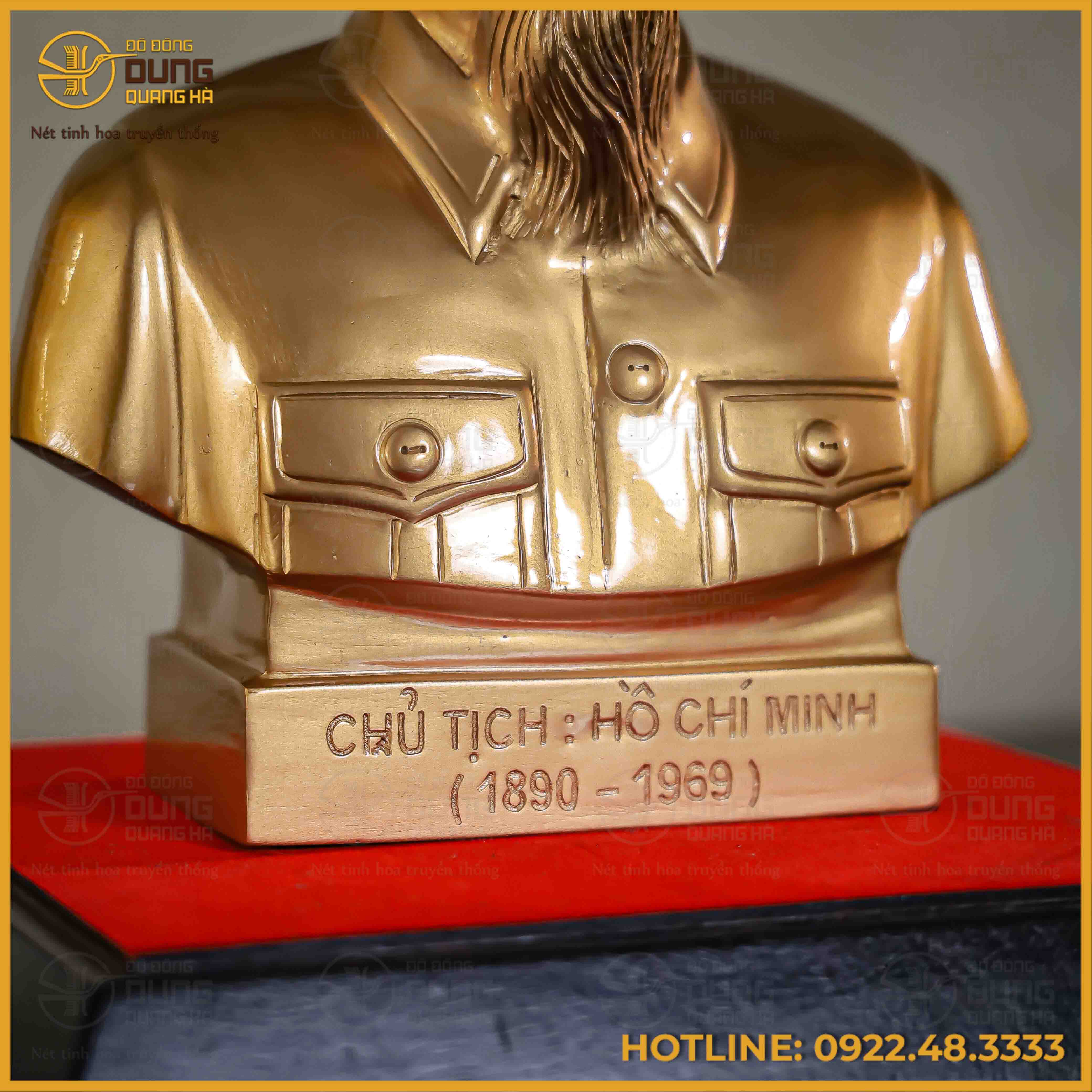 Tượng Bác Hồ bán thân đồng đỏ màu nhũ cao 25cm ngang 20cm