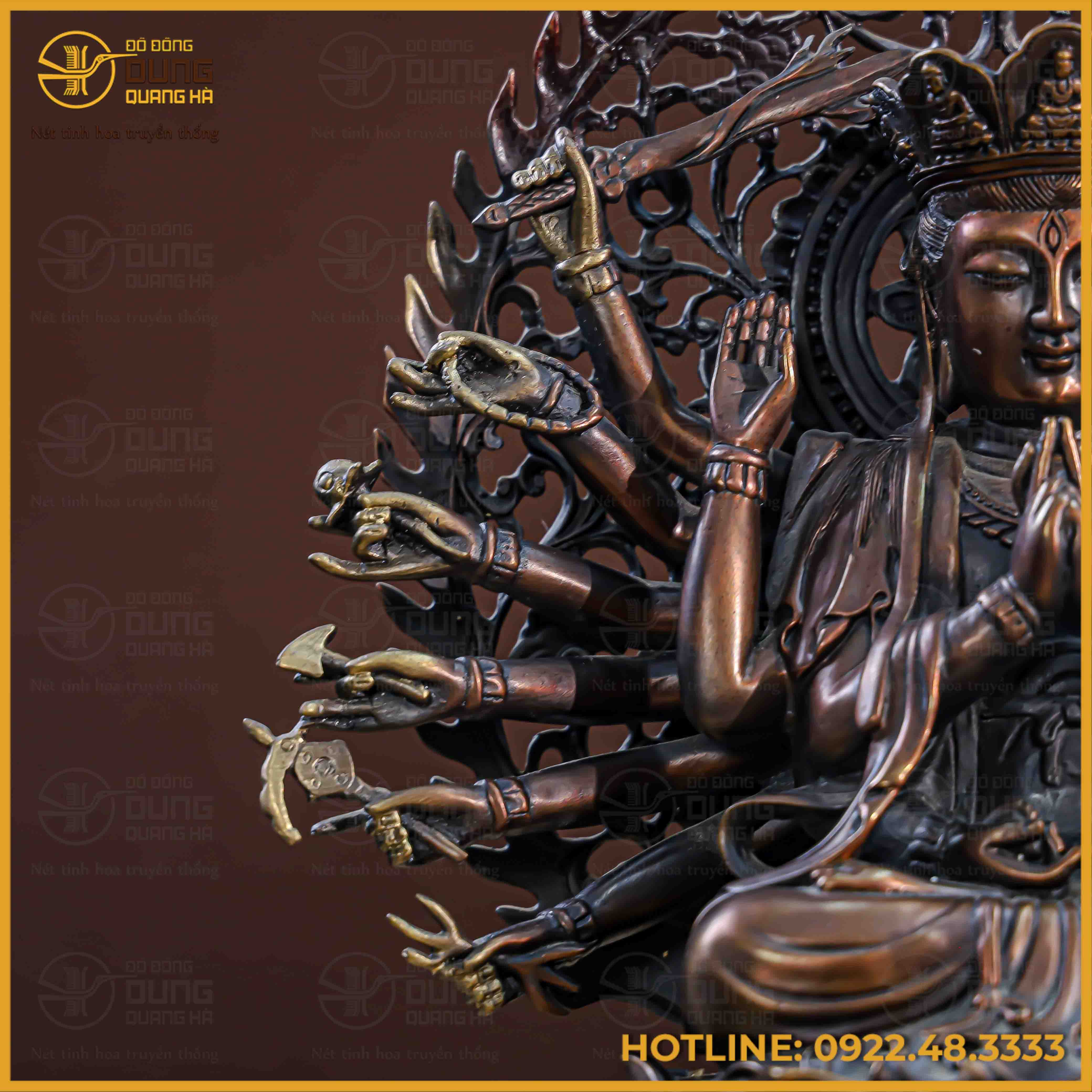 Tượng Phật Chuẩn Đề đồng vàng hun cao 40cm ngang 35cm sâu 20cm