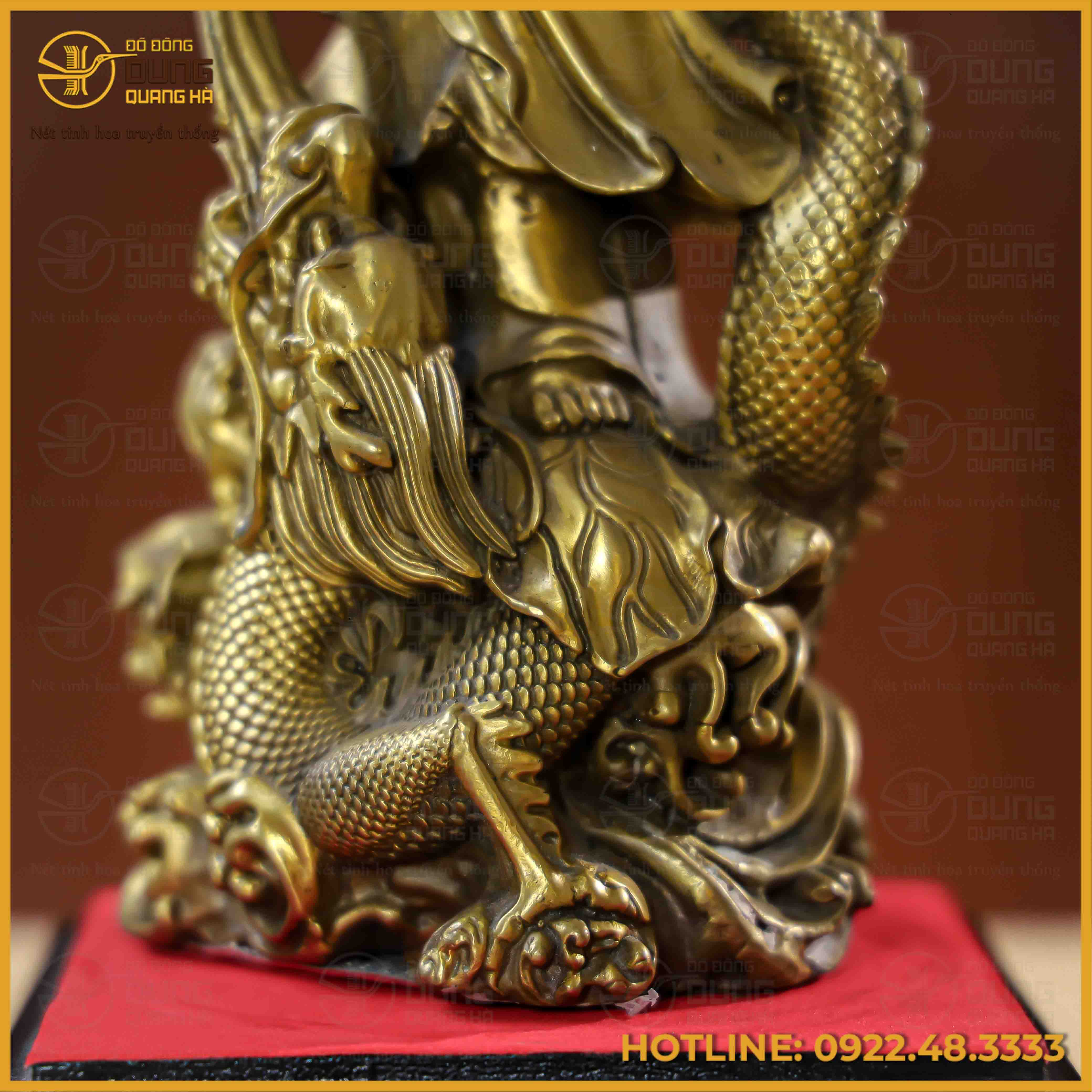 Tượng Phật Quán Thế Âm cưỡi rồng đồng vàng cao 30cm ngang 11cm nặng 1,8kg