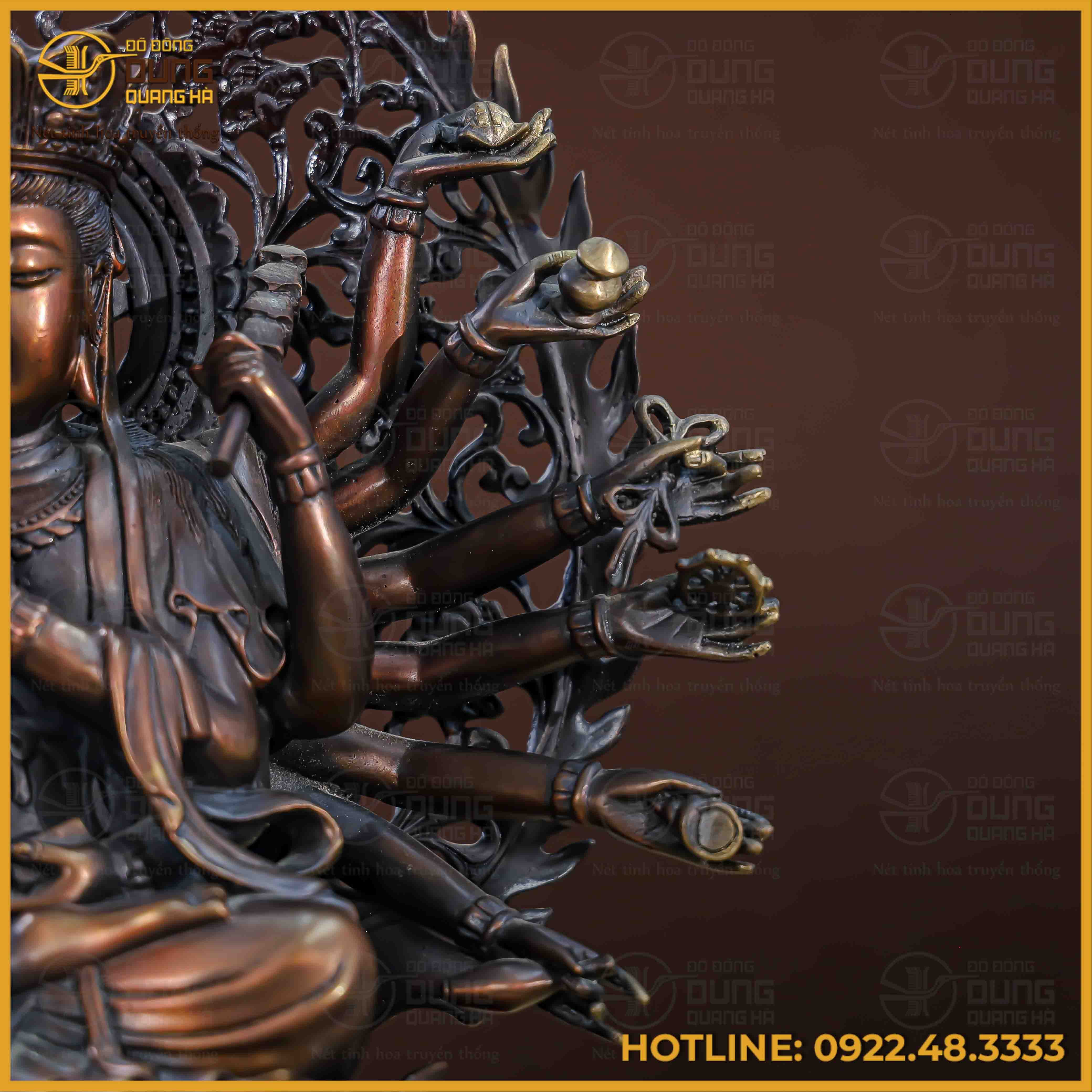 Tượng Phật Chuẩn Đề đồng vàng hun cao 40cm ngang 35cm sâu 20cm