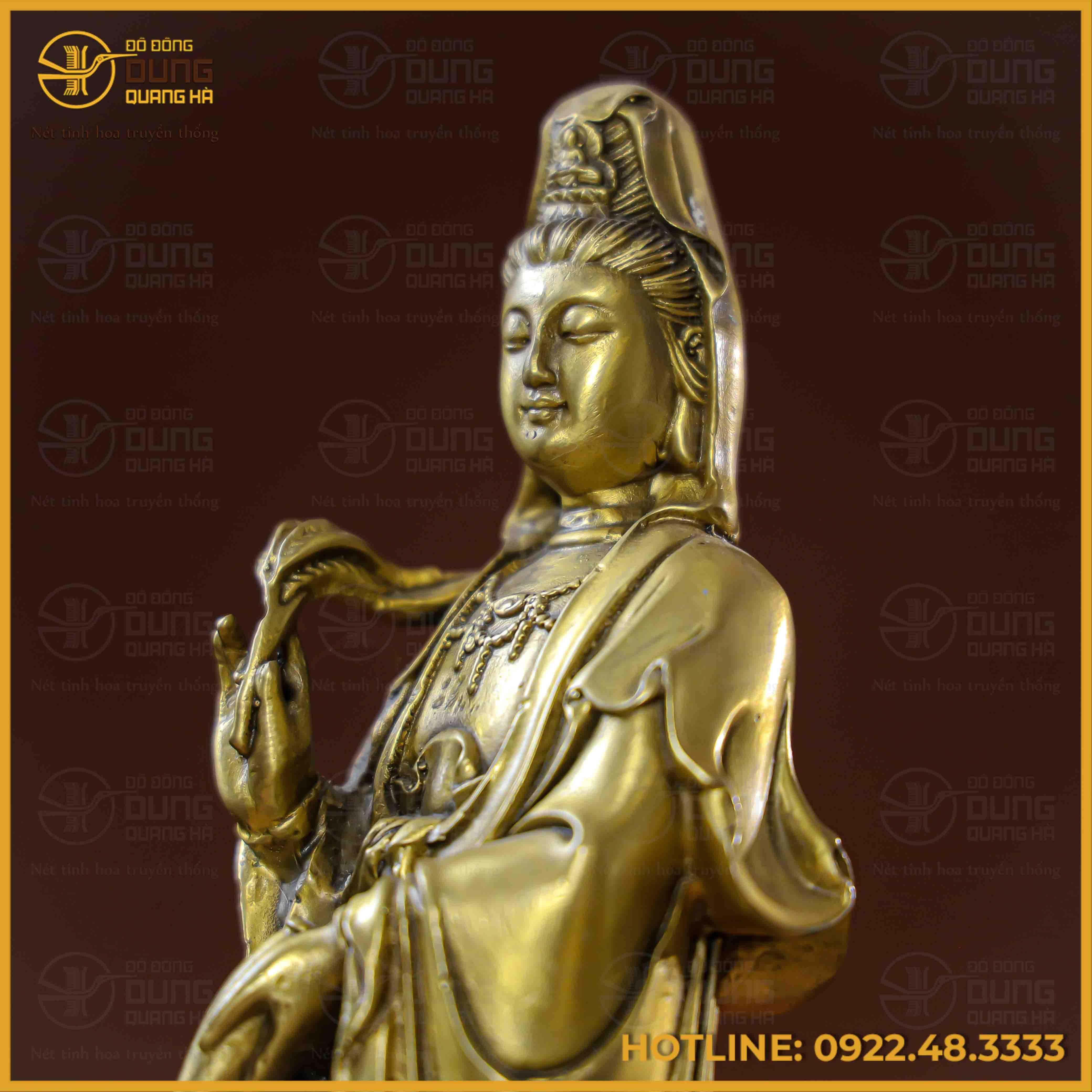 Tượng Phật Quán Thế Âm cưỡi rồng đồng vàng cao 30cm ngang 11cm nặng 1,8kg