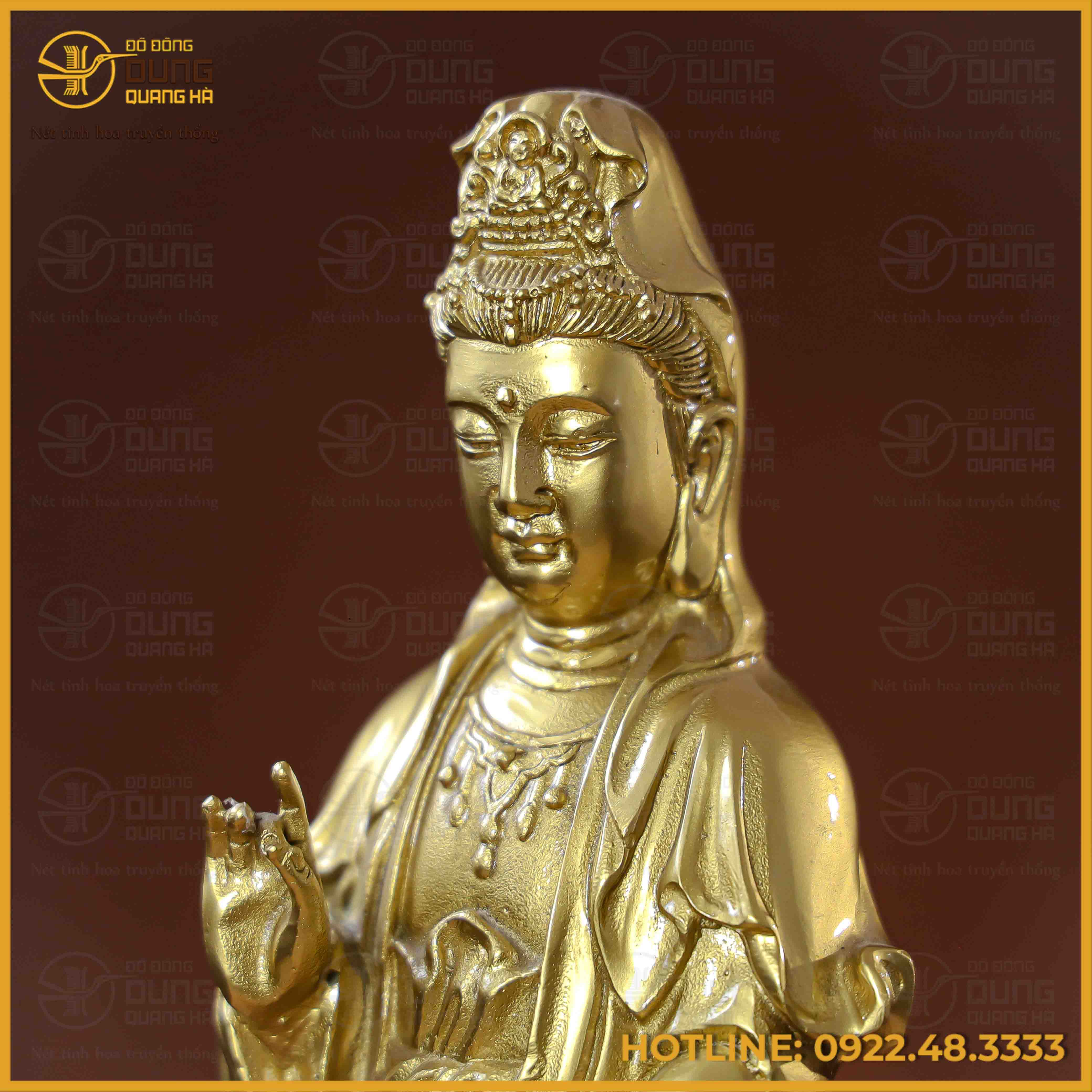 Tượng Phật Quán Thế Âm đồng vàng làm màu cao 36cm ngang 12cm nặng 6kg