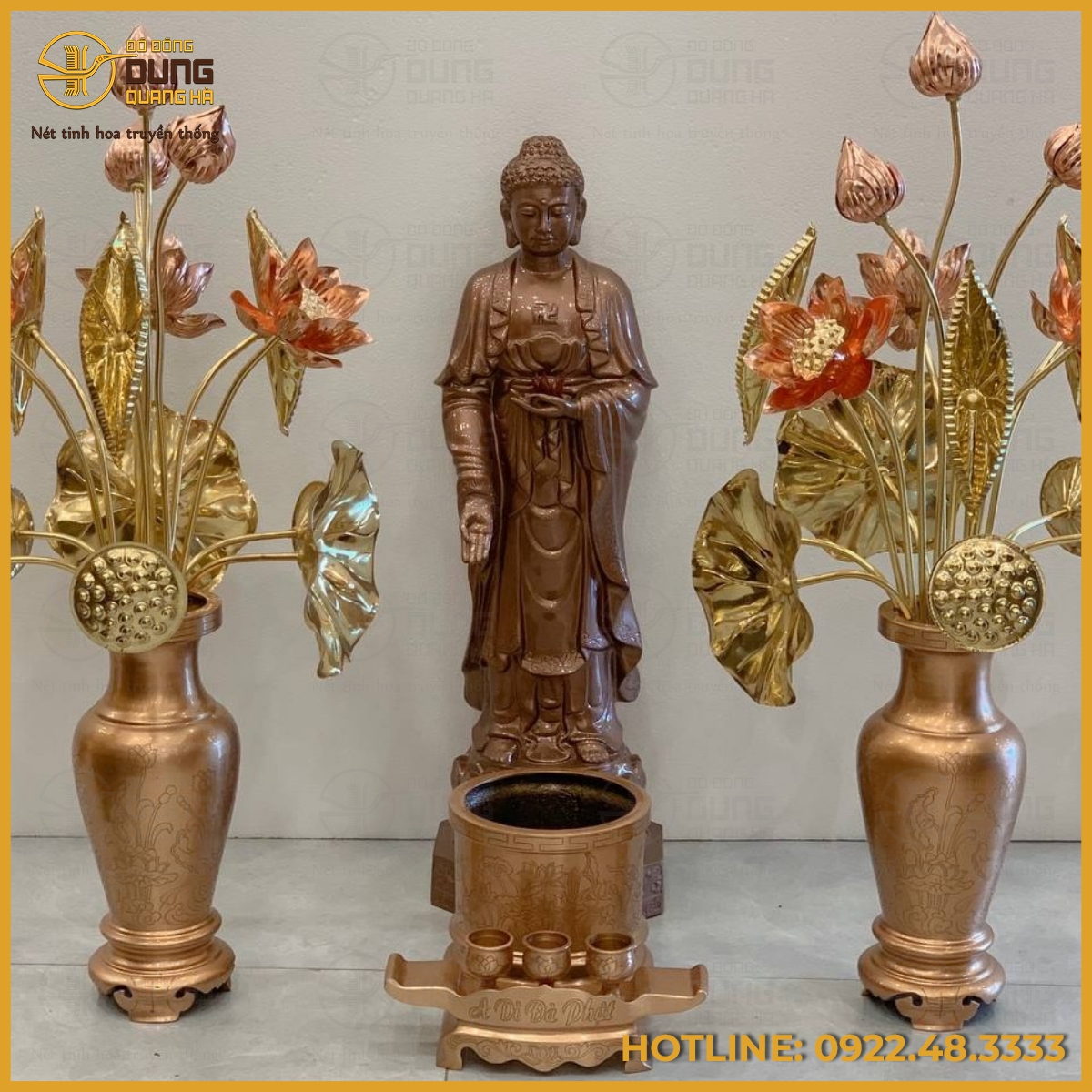 Tượng Phật A Di Đà đứng tiếp dẫn bằng đồng đỏ cao 60cm