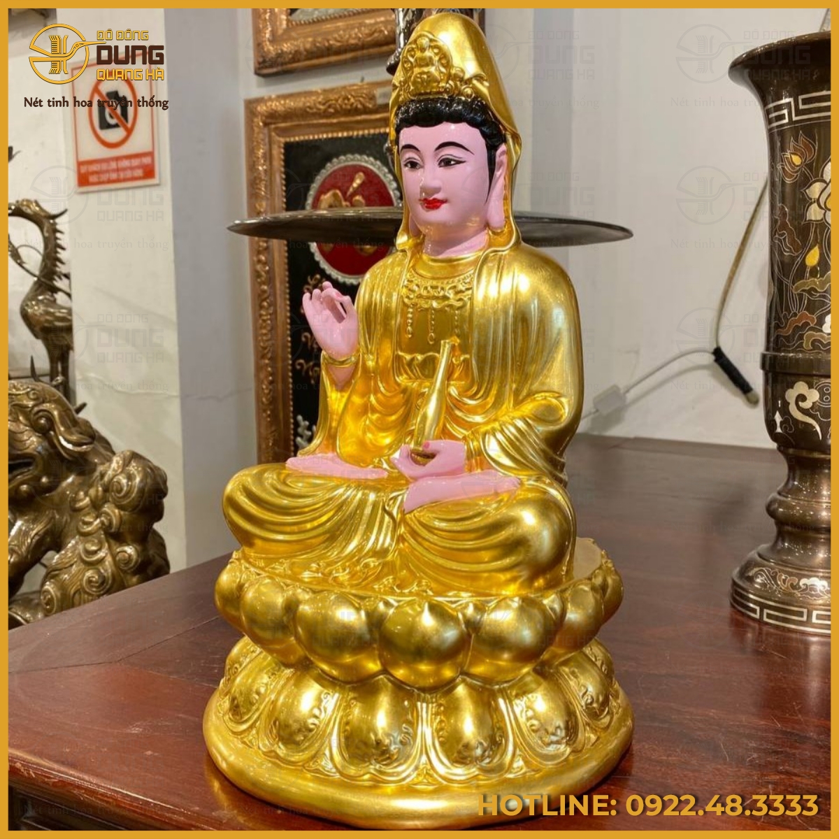 Tượng Phật Quan Âm đồng đỏ dát vàng cao cấp