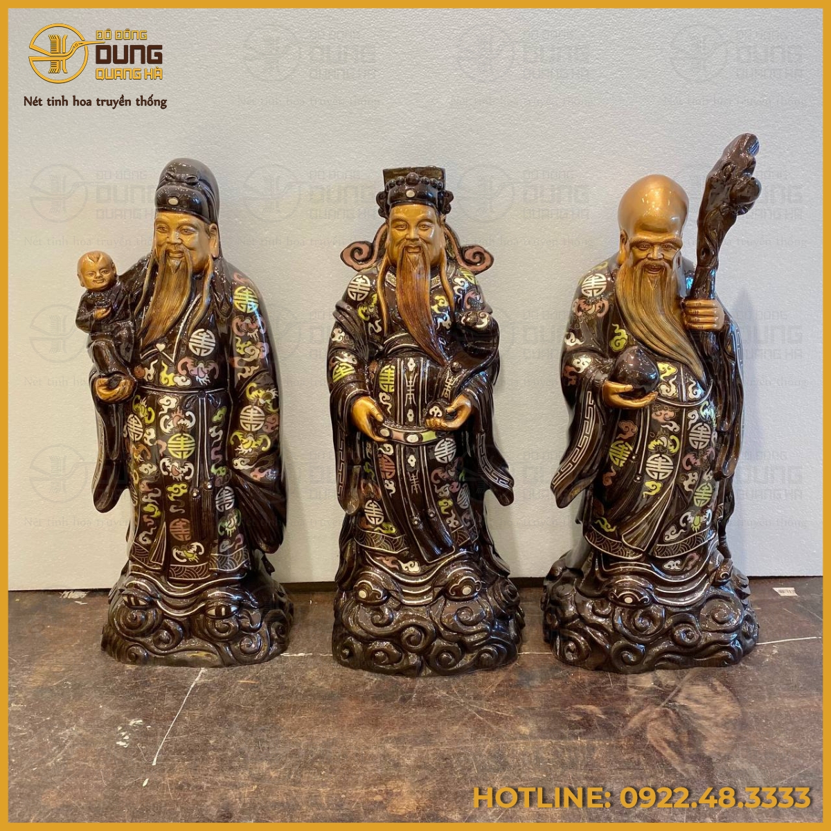 Bộ tượng Tam Đa bằng đỏ khảm tam khí kỹ