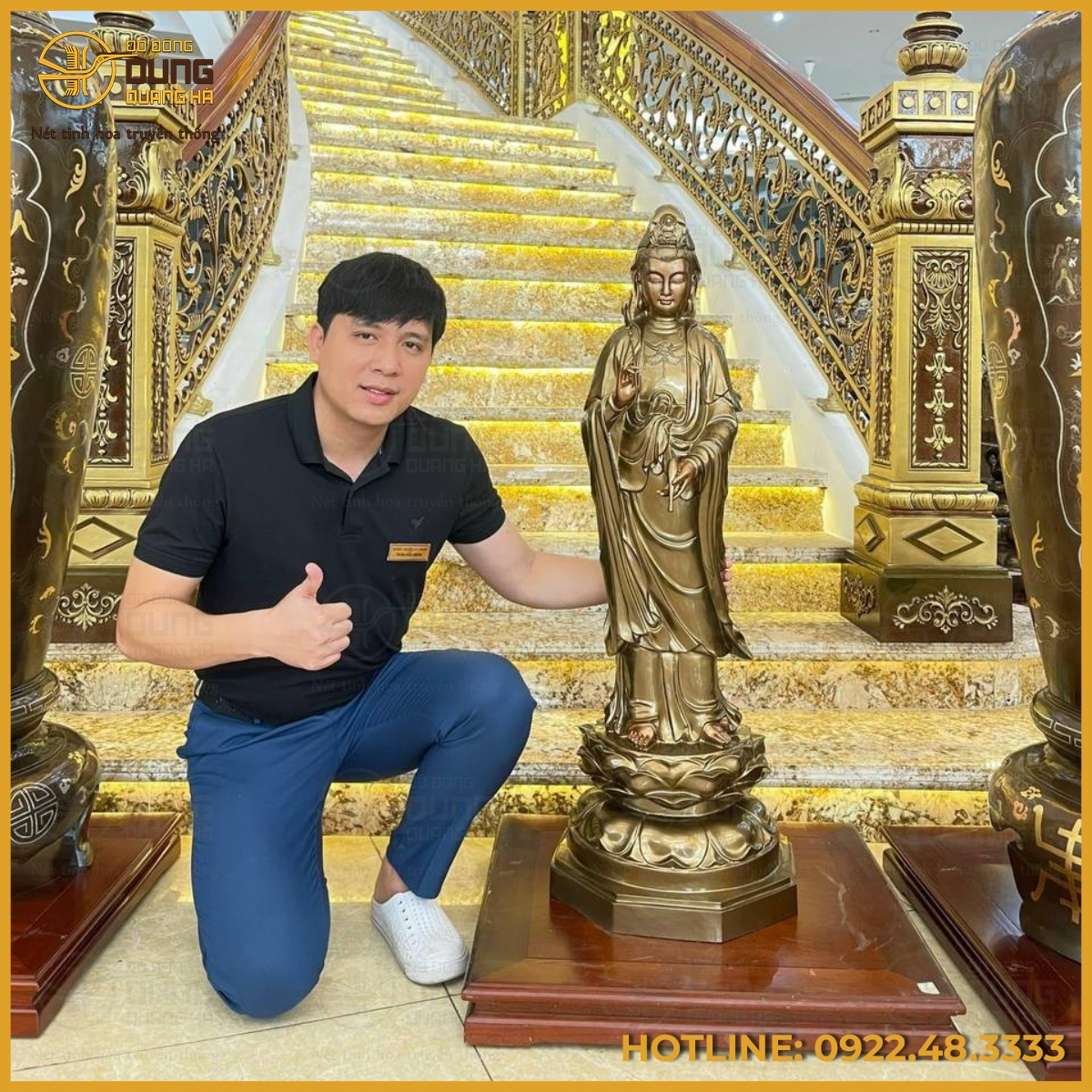 Tượng Phật Quan Âm dáng đứng đồng đỏ làm màu