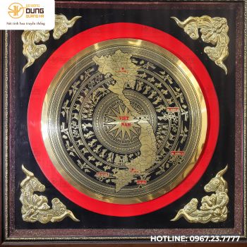 Tranh mặt trống đồng CNC có bản đồ đường kính 50cm khung gỗ 80x80cm