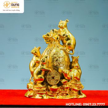 Tượng đàn chuột bên túi tiền vàng bằng đồng vàng cao cấp