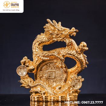 Tượng rồng nhả ngọc bằng đồng vàng dát vàng cao 40cm ngang 38cm