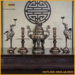 Bộ ngũ sự đồng đỏ khảm ngũ sắc song long chầu nguyệt 50cm