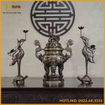 Bộ tam sự hạc đồng đỏ khảm ngũ sắc song long chầu nguyệt 50cm