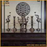 Bộ ngũ sự đồng đỏ khảm tam khí kỹ chạm sòi 60cm