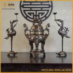 Bộ tam sự hạc đồng đỏ khảm tam khí kỹ chạm sòi 60cm