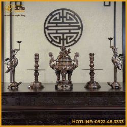 Bộ ngũ sự đồng đỏ khảm ngũ sắc chạm sòi 50cm