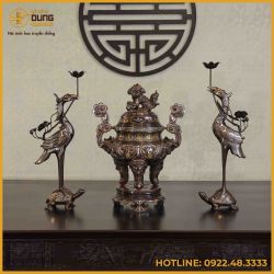 Bộ tam sự hạc đồng đỏ khảm ngũ sắc chạm sòi 50cm
