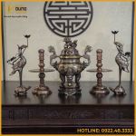 Bộ ngũ sự đồng đỏ khảm ngũ sắc song long chầu nguyệt 50cm