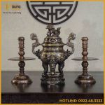 Bộ tam sự nến đồng đỏ khảm ngũ sắc song long chầu nguyệt 50cm
