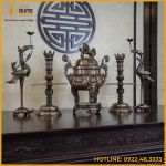 Bộ ngũ sự đồng đỏ khảm tam khí kỹ chạm sòi 60cm