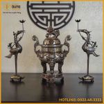 Bộ tam sự hạc đồng đỏ khảm tam khí kỹ chạm sòi 60cm