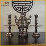 Bộ tam sự nến đồng đỏ khảm tam khí kỹ chạm sòi 60cm