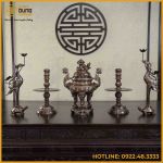 Bộ ngũ sự đồng đỏ khảm ngũ sắc chạm sòi 50cm