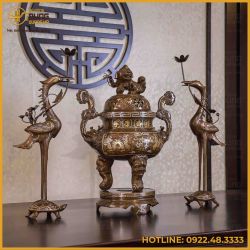 Bộ tam sự hạc đồng đỏ khảm tam khí thường dát điểm vàng 60cm