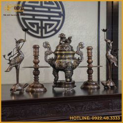 Bộ ngũ sự đồng đỏ khảm ngũ sắc song long chầu nguyệt 50cm