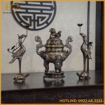 Bộ tam sự hạc đồng đỏ khảm ngũ sắc song long chầu nguyệt 50cm