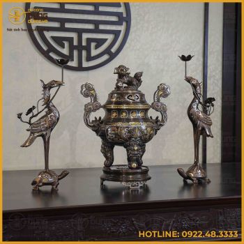 Bộ tam sự hạc đồng đỏ khảm ngũ sắc song long chầu nguyệt 50cm