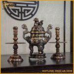 Bộ tam sự nến đồng đỏ khảm ngũ sắc song long chầu nguyệt 50cm