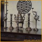 Bộ ngũ sự đồng đỏ khảm tam khí kỹ chạm sòi 60cm