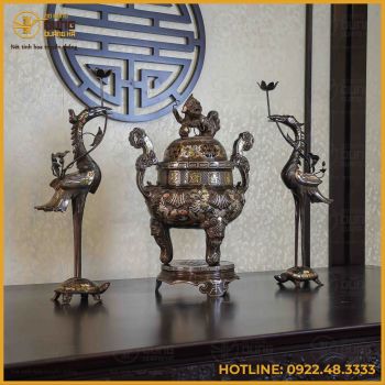 Bộ tam sự hạc đồng đỏ khảm tam khí kỹ chạm sòi 60cm