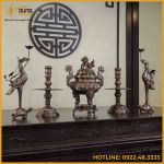 Bộ ngũ sự đồng đỏ khảm ngũ sắc chạm sòi 50cm