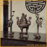 Bộ tam sự hạc đồng đỏ khảm ngũ sắc chạm sòi 50cm