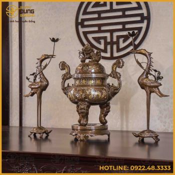Bộ tam sự hạc đồng đỏ khảm tam khí thường dát điểm vàng 60cm